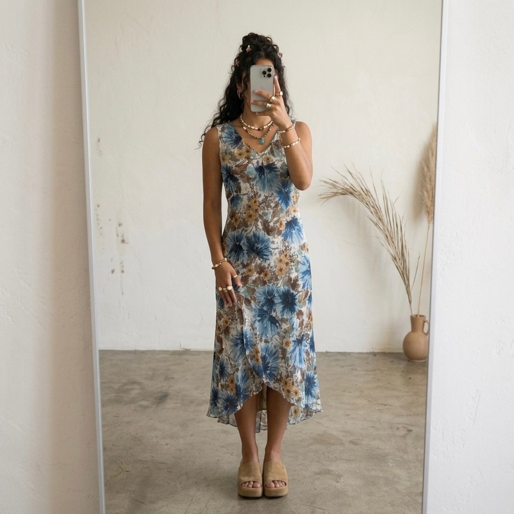 Believe VTG 90s Floral  Ruffle Midi Dress Size 8 Blue Brown Earthy Y2K Fairy